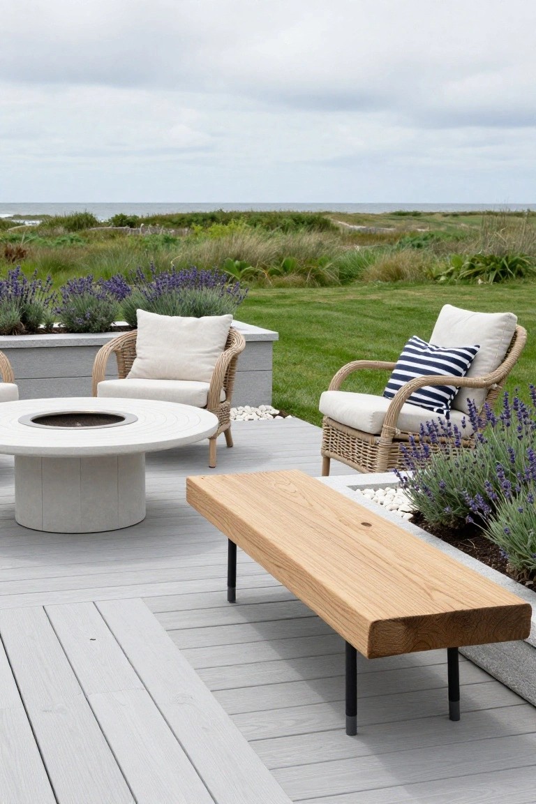 Gray deck with central round white concrete fire pit table, two rattan armchairs with white and striped cushions, wooden bench on black metal legs, lavender plants in raised beds along the edge, overlooking grassy dunes and ocean.
