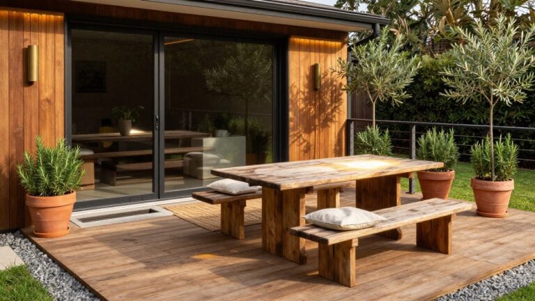 Wooden deck attached to a modern black house with glass sliding doors, featuring a rustic wooden bar counter with underlighting, large wooden dining table with benches and cushions, potted plants, and railing overlooking grass and hedges.
