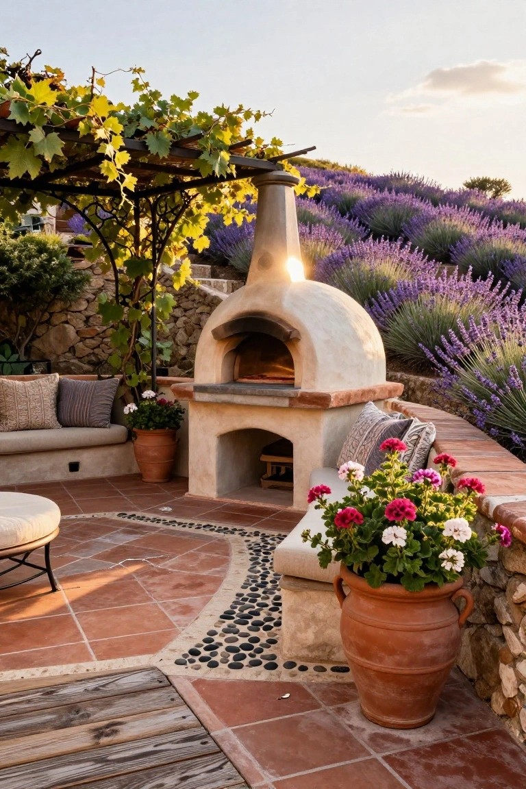 Outdoor patio with white dome wood-fired pizza oven built into stone wall, terracotta tile floor with pebble accents, built-in cushioned benches, potted plants and flowers, vine-covered pergola, and lavender fields on hillside at sunset.