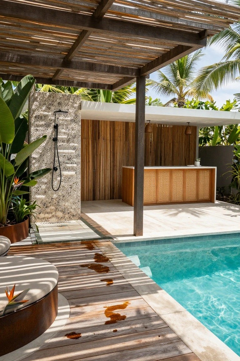 Wooden deck platform beside a turquoise pool with an outdoor shower on a pebbled stone wall, bamboo bar counter, potted tropical plants, and slatted pergola overhead amid palm trees.