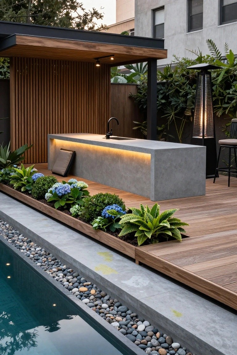 Wooden deck beside an in-ground pool with a light gray concrete countertop featuring a sink, underlit edge, cushioned stool, potted plants and hydrangeas in a wooden planter box, tall gas patio heater, and wood slat screen nearby.