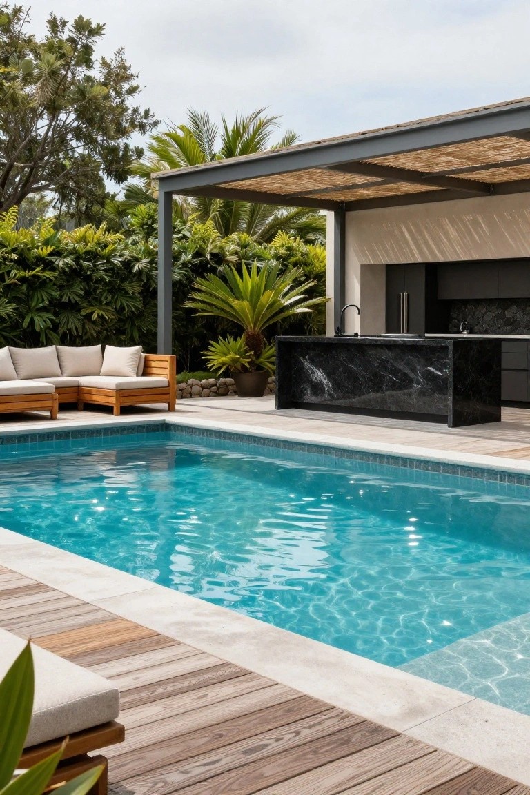 Modern outdoor kitchen with black marble island countertop and faucet next to a rectangular turquoise pool, wooden deck with loungers and sofa, pergola shade structure, and tropical plants.