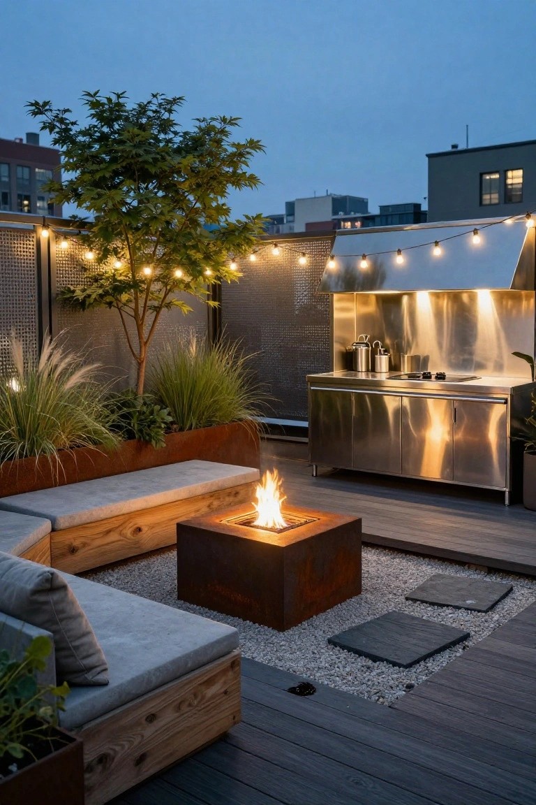 Rooftop deck at dusk with stainless steel outdoor kitchen, corten steel square fire pit surrounded by wooden L-shaped benches with cushions, potted plants and grasses, string lights, and gravel ground cover.