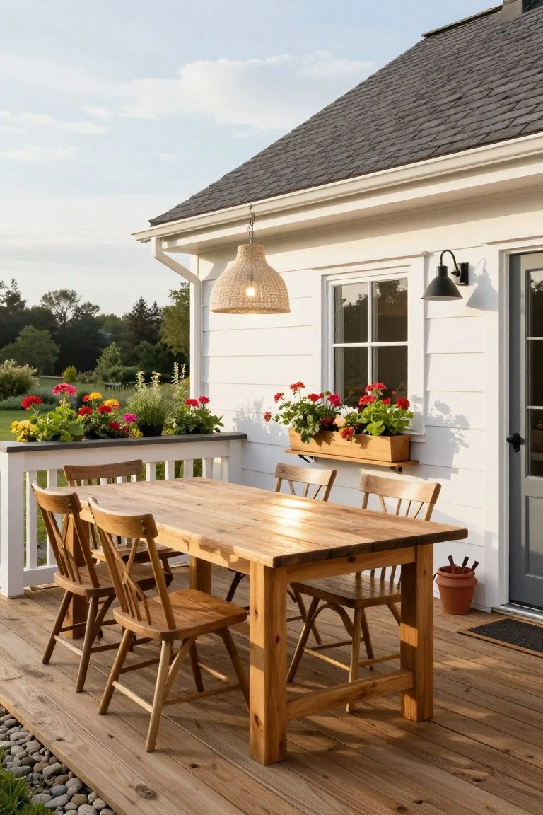 White clapboard house exterior with attached wooden deck holding a rectangular rustic table and six wooden chairs, flower boxes with red geraniums on windows and railing, woven pendant light hanging above, and gravel border with greenery in the background.
