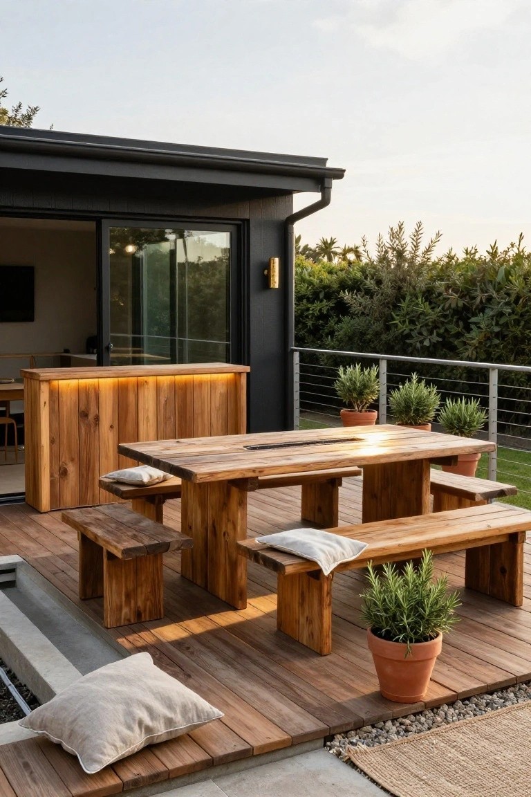 Wooden deck attached to a modern black house with glass sliding doors, featuring a rustic wooden bar counter with underlighting, large wooden dining table with benches and cushions, potted plants, and railing overlooking grass and hedges.