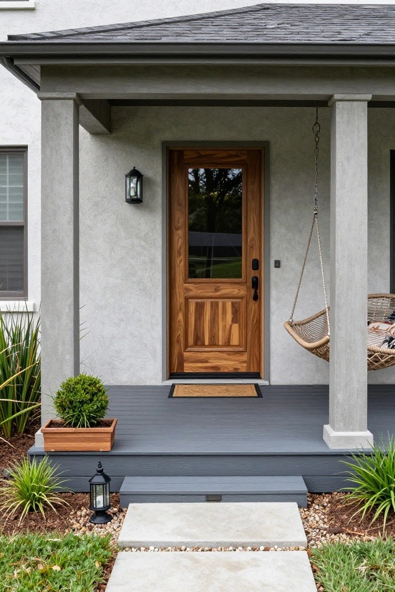 Modern house front exterior with gray stucco walls, smooth concrete columns, rich brown wood door with glass panels, hanging woven swing on porch, potted boxwood plant, deck lanterns, and stone pathway to gray deck steps.