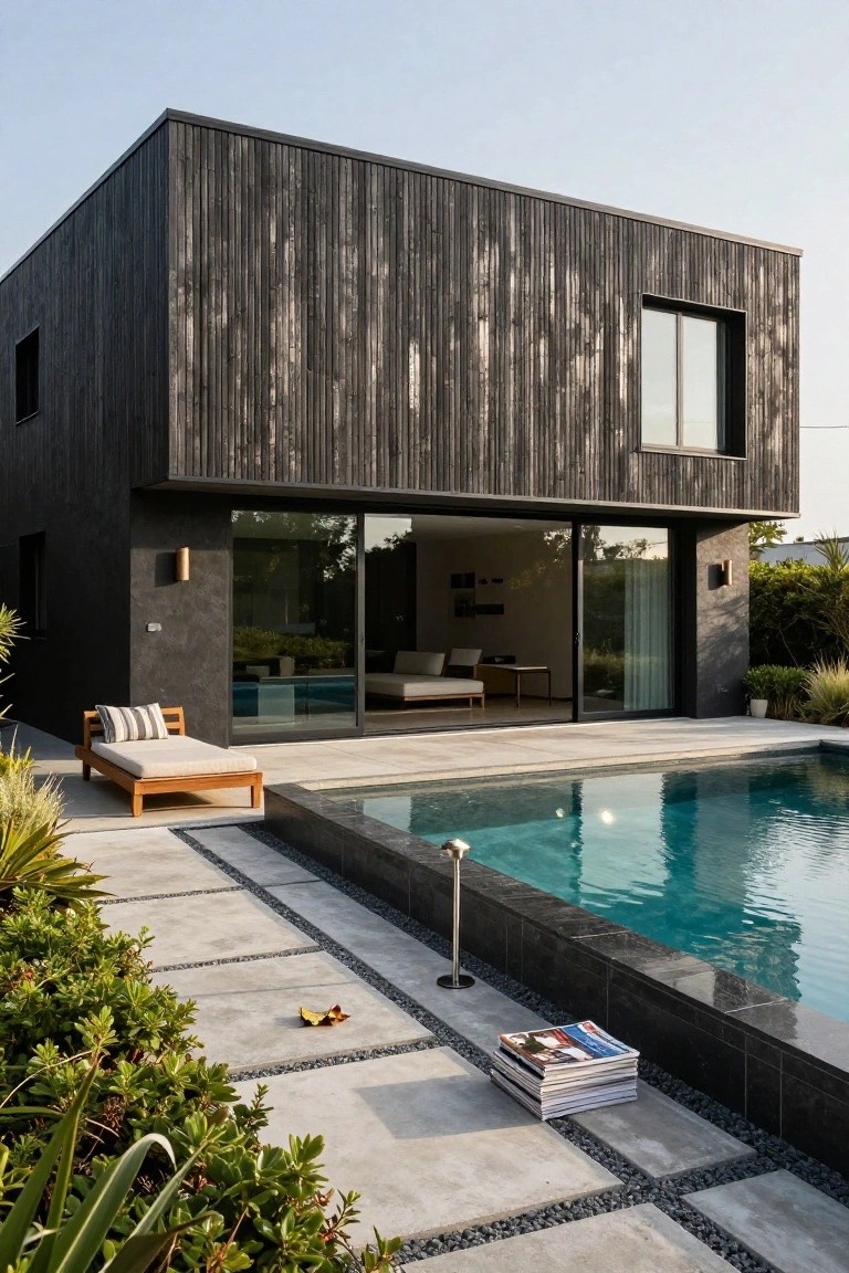 Corner view of a modern rectangular house with vertical black wood cladding, large sliding glass doors opening to a pool deck with a wooden daybed, stack of magazines, lounge chair by turquoise pool edged in black tile, surrounded by plants and pavers.