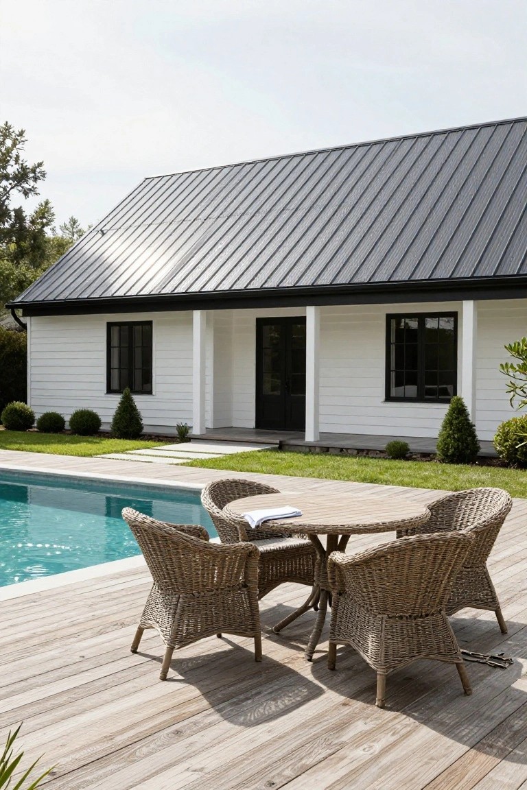 White clapboard house with black metal roof, black-framed windows and door, front porch with columns, adjacent to turquoise pool on wooden deck with wicker dining table and chairs surrounded by lawn and shrubs.