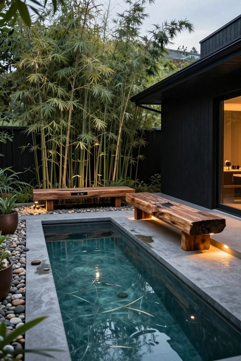 Small rectangular pool with clear blue water on concrete decking surrounded by pebbles and plants, flanked by two large live-edge wooden benches lit from below, next to black wood house exterior with glass doors and tall bamboo fence.