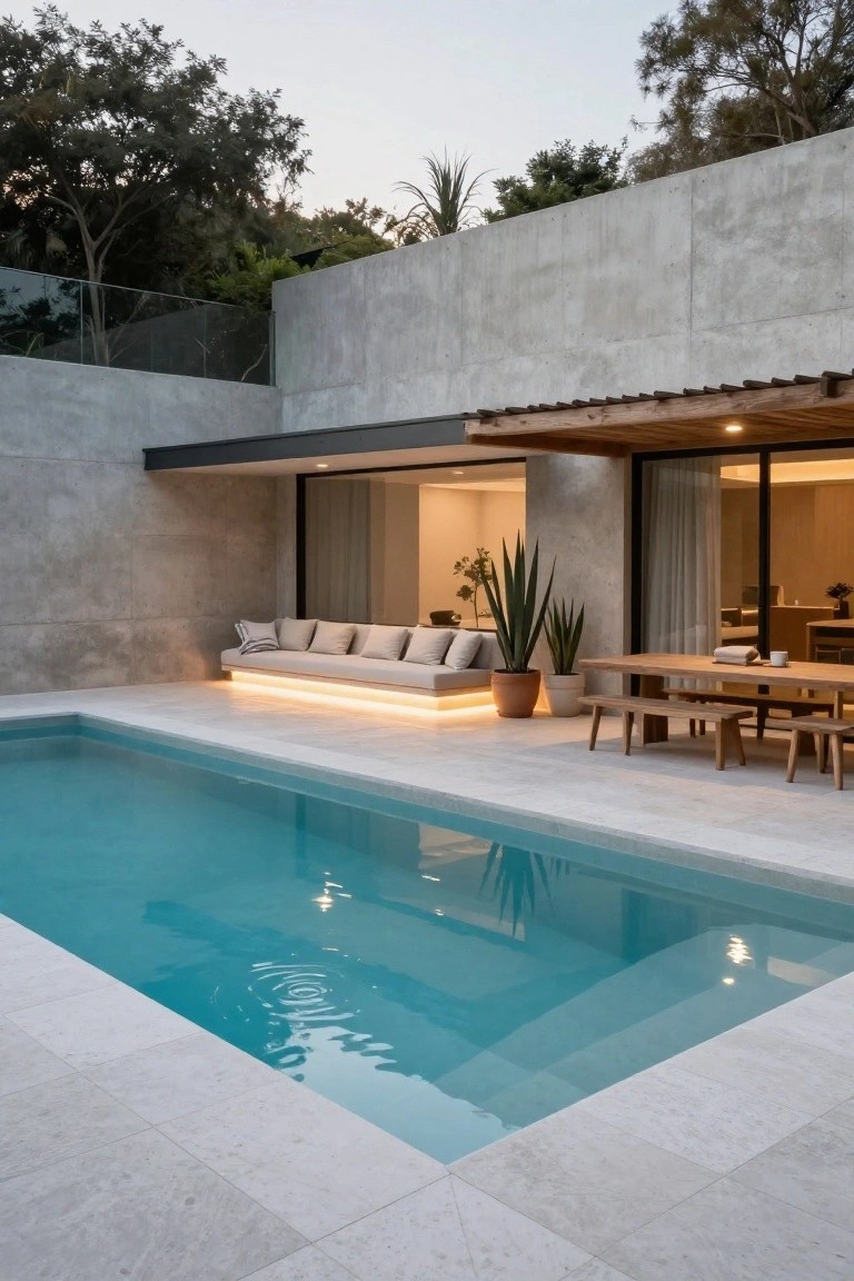 Gray concrete modern house wall with large open glass sliding doors adjacent to a narrow rectangular turquoise pool on a white tiled deck, featuring a low white built-in sofa with under lighting, wooden dining table and benches, potted agave plants, at dusk with trees in background.