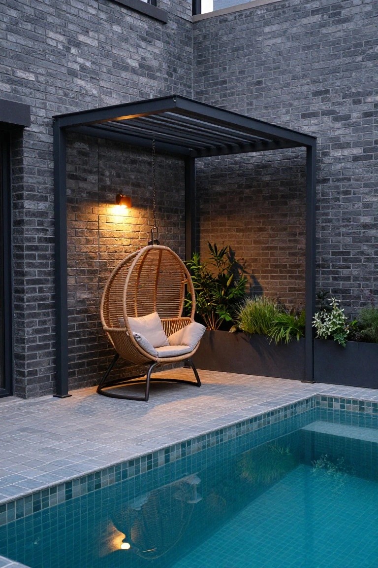 Dark brick house corner featuring a black metal pergola over a beige rattan hanging egg chair with cushions, adjacent to a turquoise mosaic-tiled pool, with potted plants and wall-mounted lights.