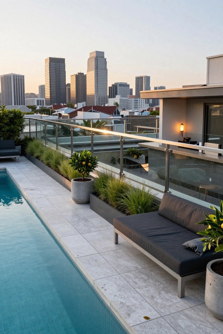 Rooftop terrace with narrow pool edged by glass railings and rectangular planters of grasses, gray outdoor sofa, potted plants, overlooking city skyscrapers at sunset.
