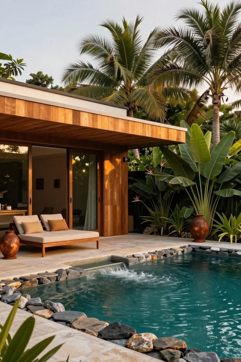 Wooden-covered terrace with beige lounge daybed next to a small turquoise rectangular plunge pool edged in dark rocks with a fountain spillover, surrounded by tropical plants, palms, and large terracotta pots beside a modern house with open glass doors.