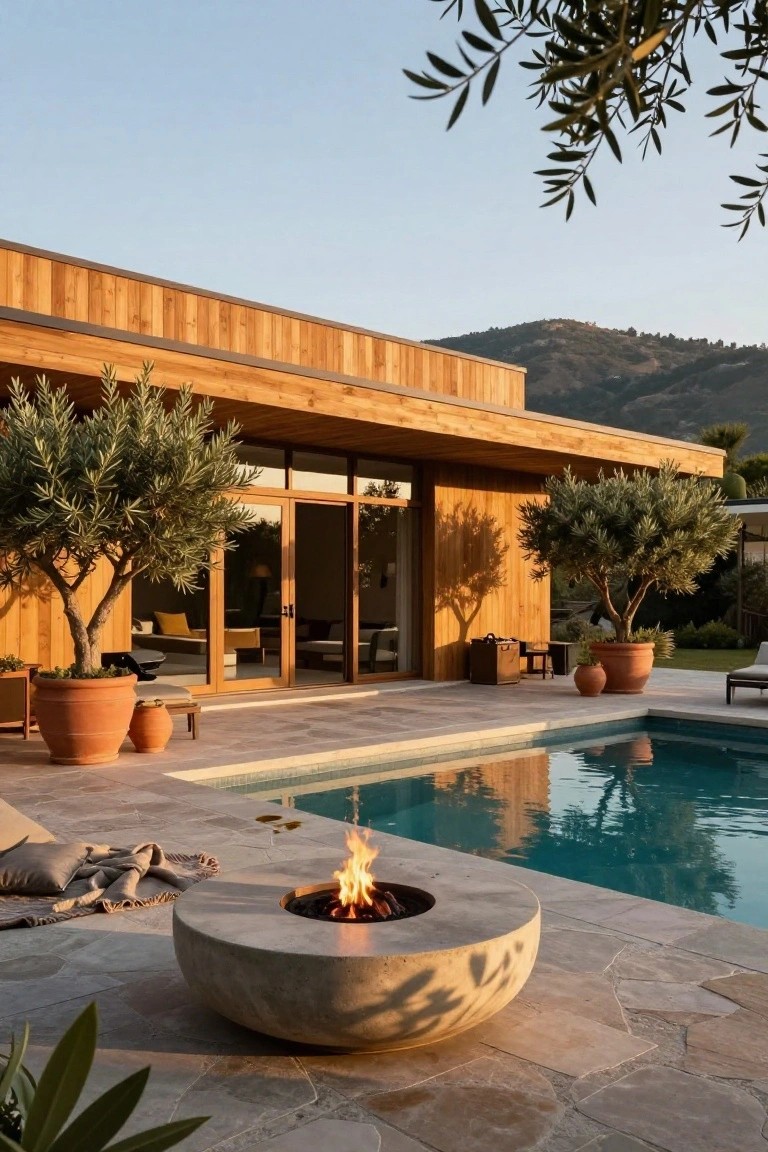 Modern house with vertical cedar wood siding and large glass doors opening onto a terrace with turquoise pool, circular concrete fire pit, lounge chairs, potted olive trees, terracotta pots, and distant mountains in soft evening light.