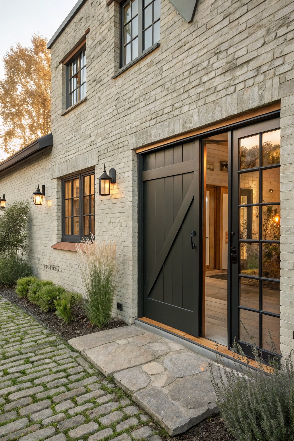 Light painted brick house exterior with a large open dark wood sliding barn door adjacent to black-framed glass French doors, flanked by lanterns, shrubs, ornamental grasses, and a stone step leading to a brick pathway.