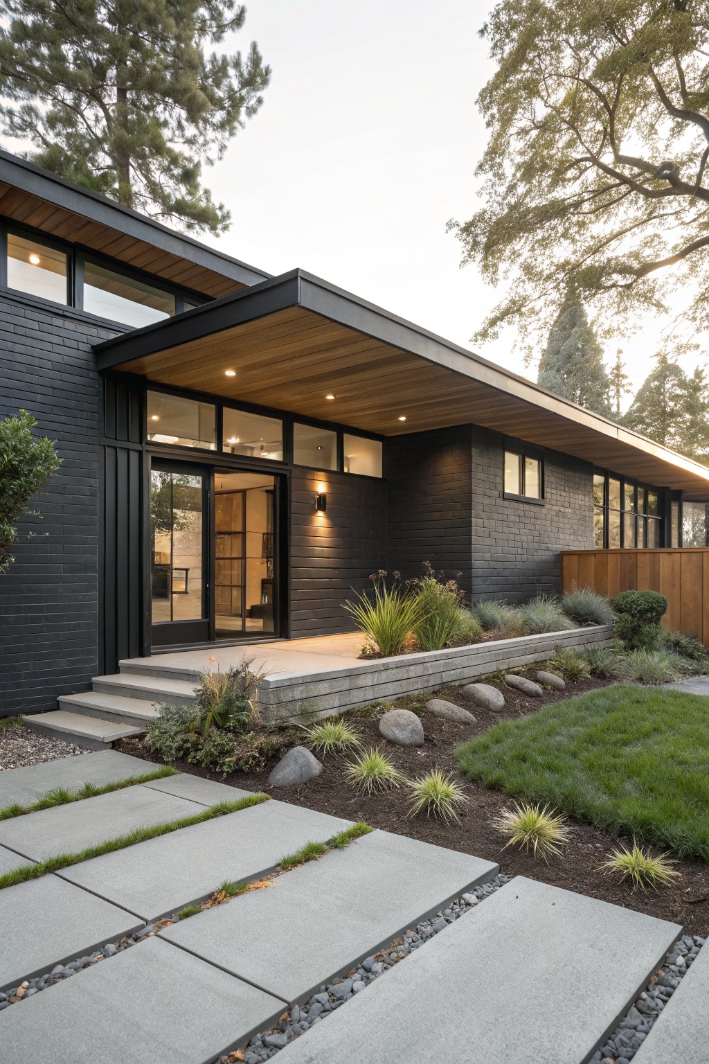 Modern house exterior with black brick walls, cantilevered wooden entry canopy with recessed lights, glass entry doors flanked by plants, concrete steps, gravel pathway, and low shrubs in the front yard.