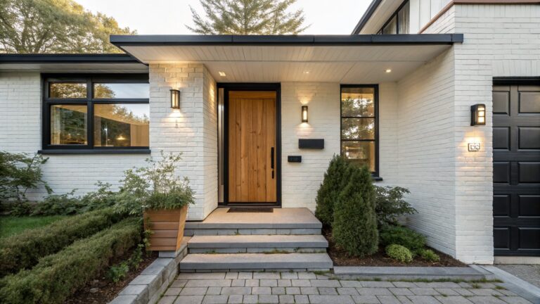 White painted brick house exterior with wooden front door, black frame, wall sconces, ivy climbing the corner, boxwood hedges, potted plant, concrete steps, and brick retaining walls.
