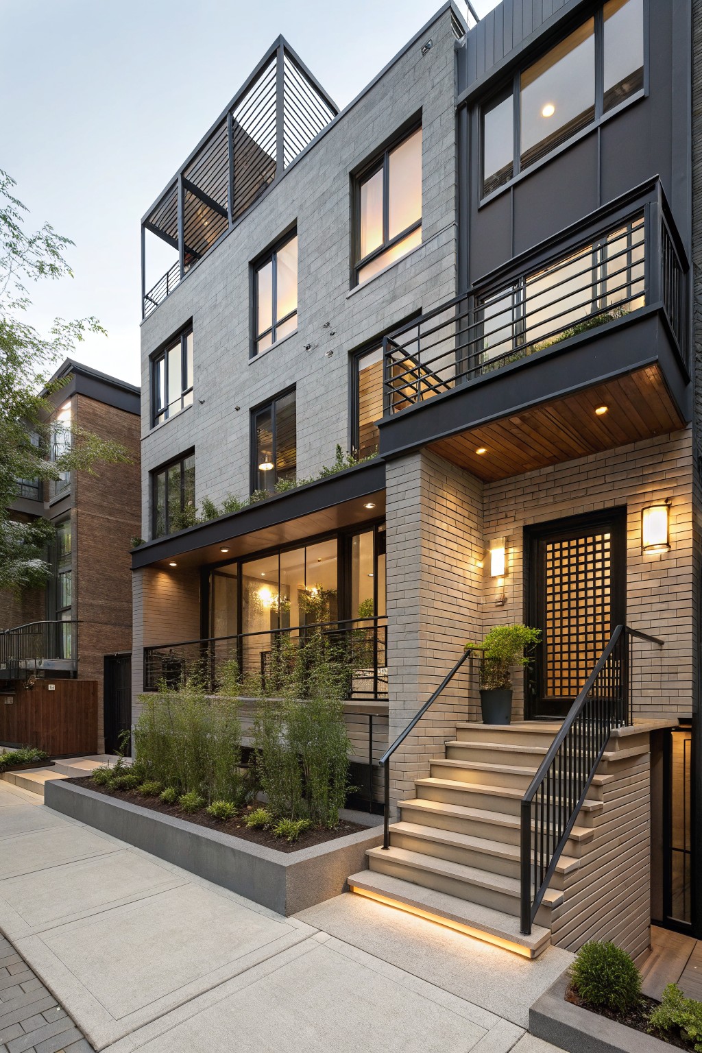 Two-story modern house exterior featuring light gray brick lower walls, black metal cladding and window frames on upper levels, a wood canopy over the front entry with black lattice door and sidelights, concrete steps with black railings, and low plantings along the base.
