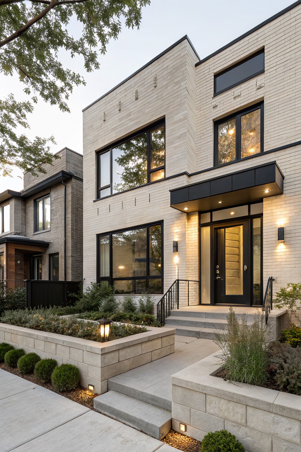 Two-story modern house with light beige brick exterior, black-framed windows, black entry canopy and door, concrete steps, low brick retaining walls with shrubs, and adjacent similar house.