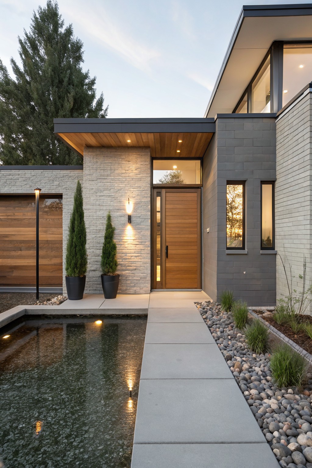 Modern house exterior with light beige painted brick walls, dark gray brick accent panels, wooden front door and garage door, tall thin evergreen trees in black pots flanking the entry, concrete pathway with adjacent reflecting pool and gravel landscaping.