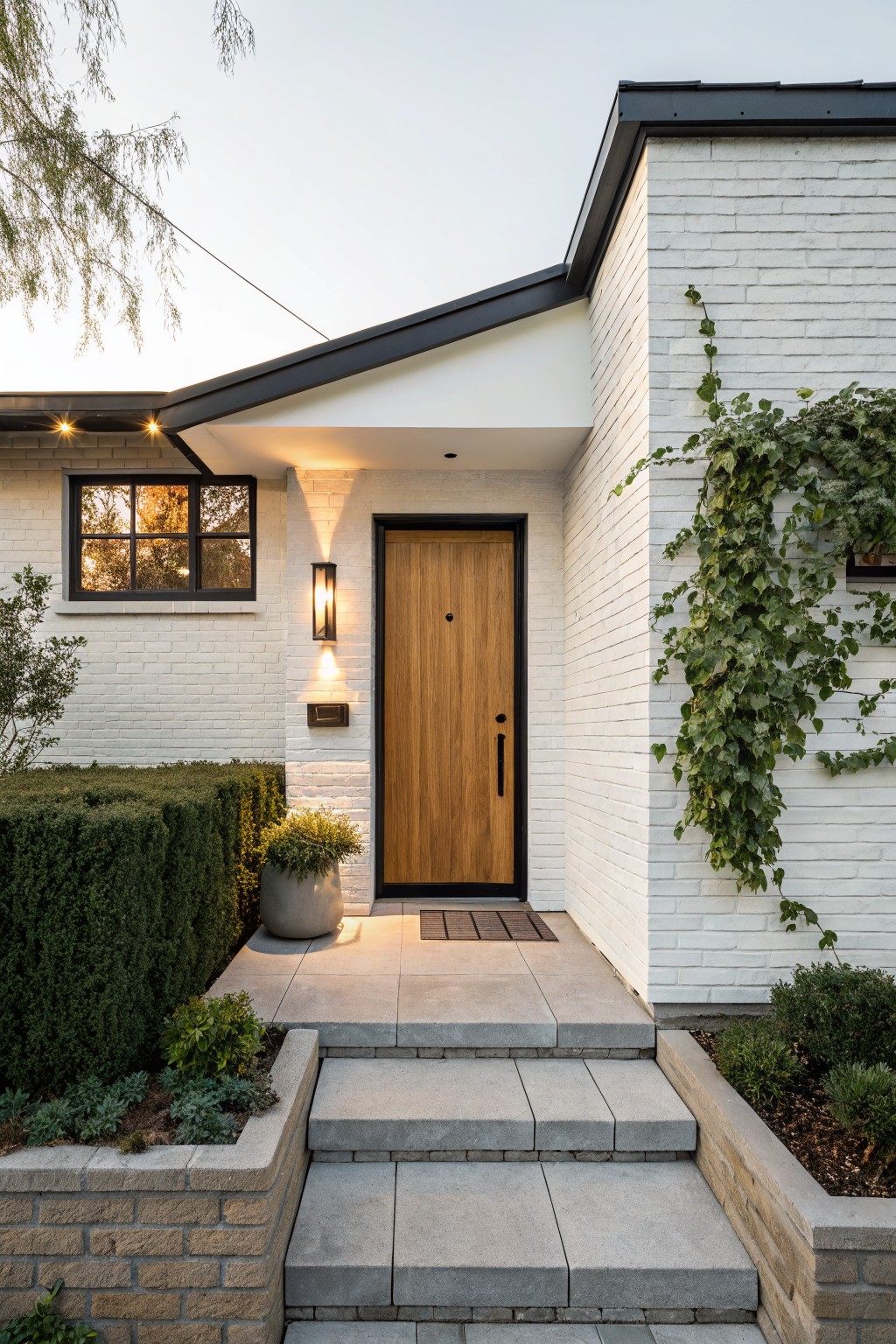 White painted brick house exterior with wooden front door, black frame, wall sconces, ivy climbing the corner, boxwood hedges, potted plant, concrete steps, and brick retaining walls.