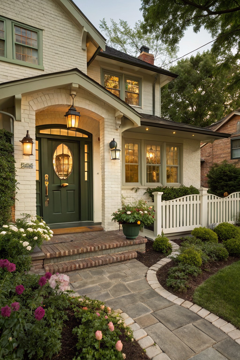Front exterior of a two-story white painted brick house with dark green front door in an arched entry porch, green trim on windows, lanterns, flower beds, stone pathway, and white picket fence.