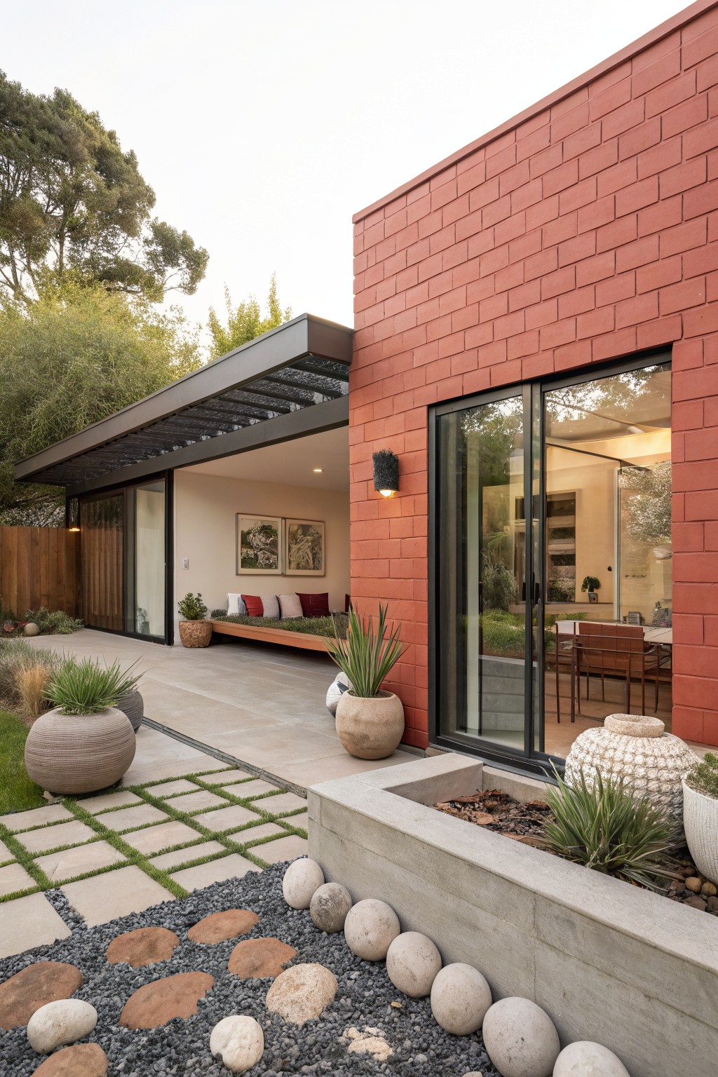 Side exterior of a two-story modern red brick house with a black metal pergola shading a concrete patio, large sliding glass doors opening to an indoor dining area, potted plants, agave plants, stepping stones, and landscaped boulders along a grassy yard.