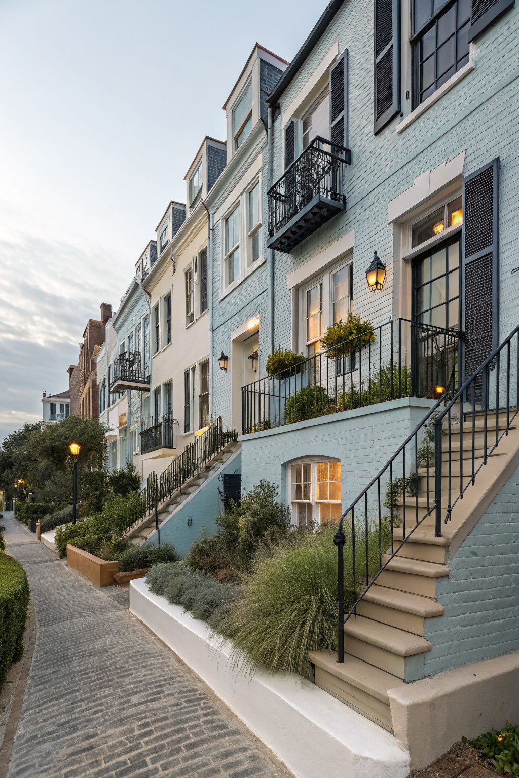 Row of brick townhouses painted in soft pastel colors such as light blue and mint green, with black shutters, wrought iron balconies and stairs, front landscaping, and a cobblestone path at dusk.