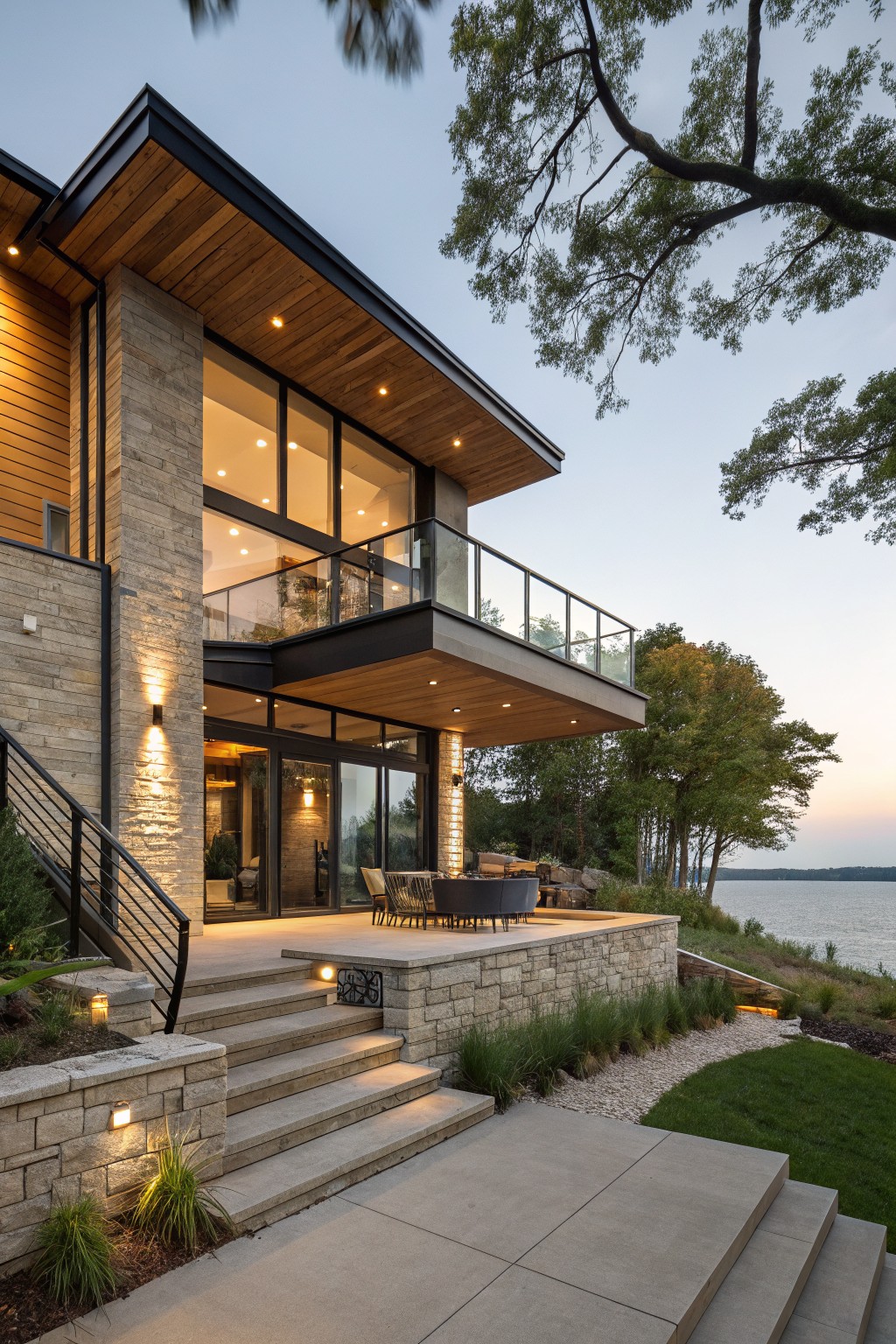 Modern two-story house exterior with beige stone lower walls, warm wood cladding on overhanging roof and balcony, black-framed glass walls and railings, patio furniture on stone terrace with stairs descending to lakeside yard at dusk.