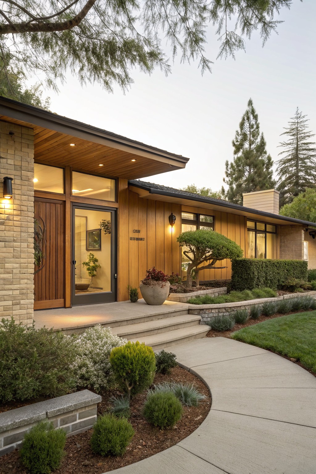Front view of a mid-century modern house with light beige brick pillars and base, warm vertical wood siding on walls, wood-framed glass entry door under cantilevered overhang, black lanterns, and landscaped entry path with plants and steps at dusk.
