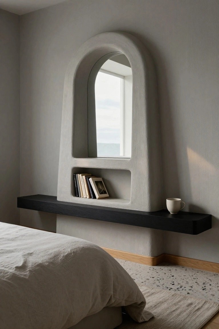 Tall arched plaster mirror integrated with a window and built-in niche bookshelf on a black floating shelf above a neutral bed in a gray bedroom with terrazzo floor.