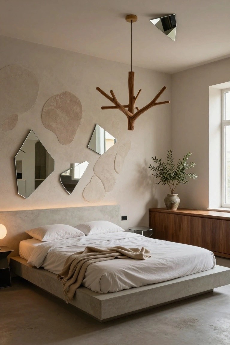 A minimalist bedroom with a low concrete platform bed draped in white sheets and a beige throw, asymmetrical mirrors and beige textured plaster shapes on the walls, a wooden branch chandelier, an olive plant in a terracotta pot, and a window.