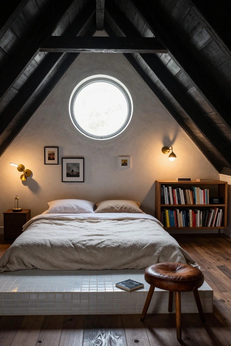Attic bedroom with dark exposed wooden beams on white sloped walls, large round window high in the ceiling, raised bed on white tiled platform with leather stool, wooden nightstand and bookshelves, brass wall lights, and hardwood floors.