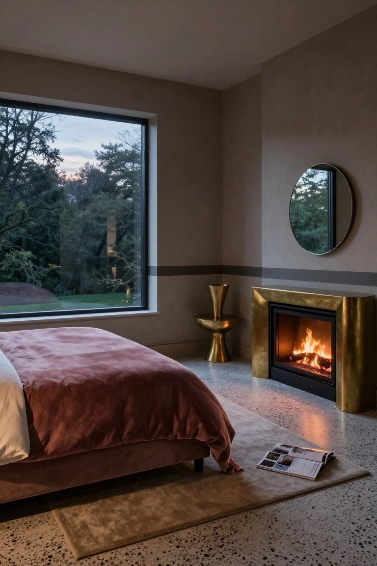 Modern bedroom interior featuring a low pink velvet bed on polished concrete floor, brass fireplace with burning logs beside it, large window overlooking wooded landscape at dusk, round mirror on wall, and brass side table with vase.