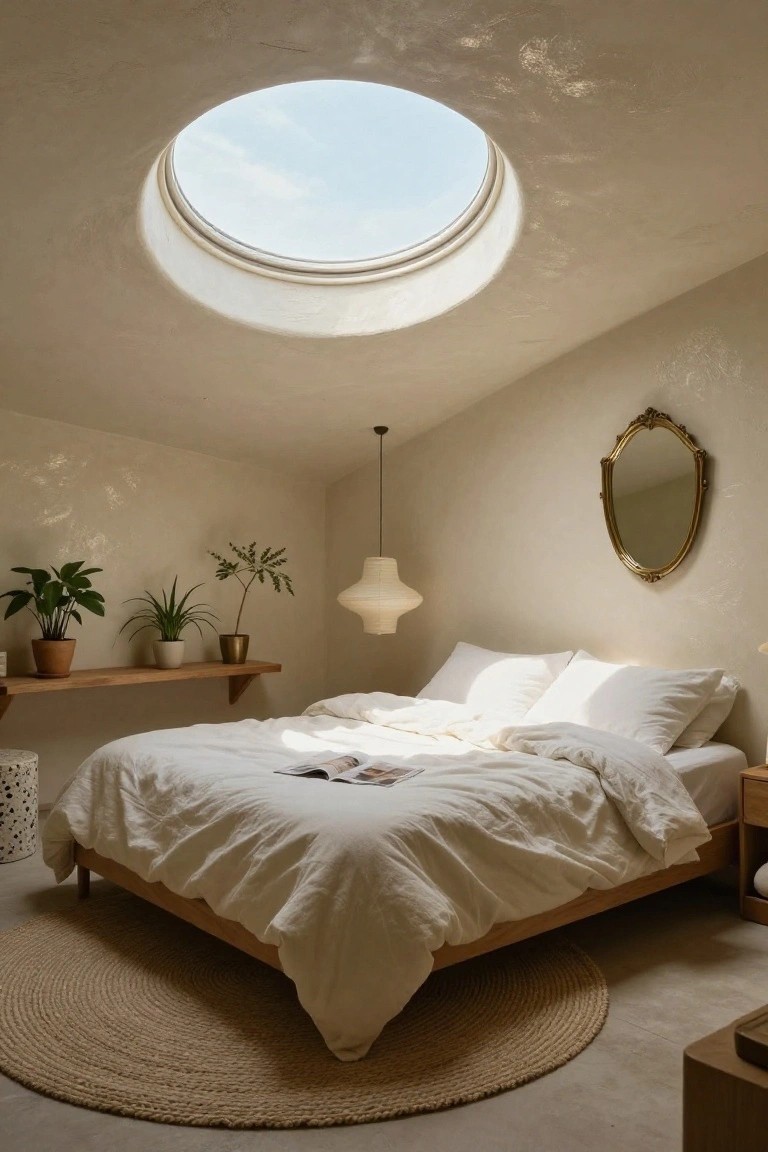 A bedroom interior with beige textured walls, a wooden king bed covered in white linens and pillows, potted plants on wooden shelves, a hanging fabric lamp, gold ornate mirror, seagrass rug, and a large circular skylight in the sloped ceiling.
