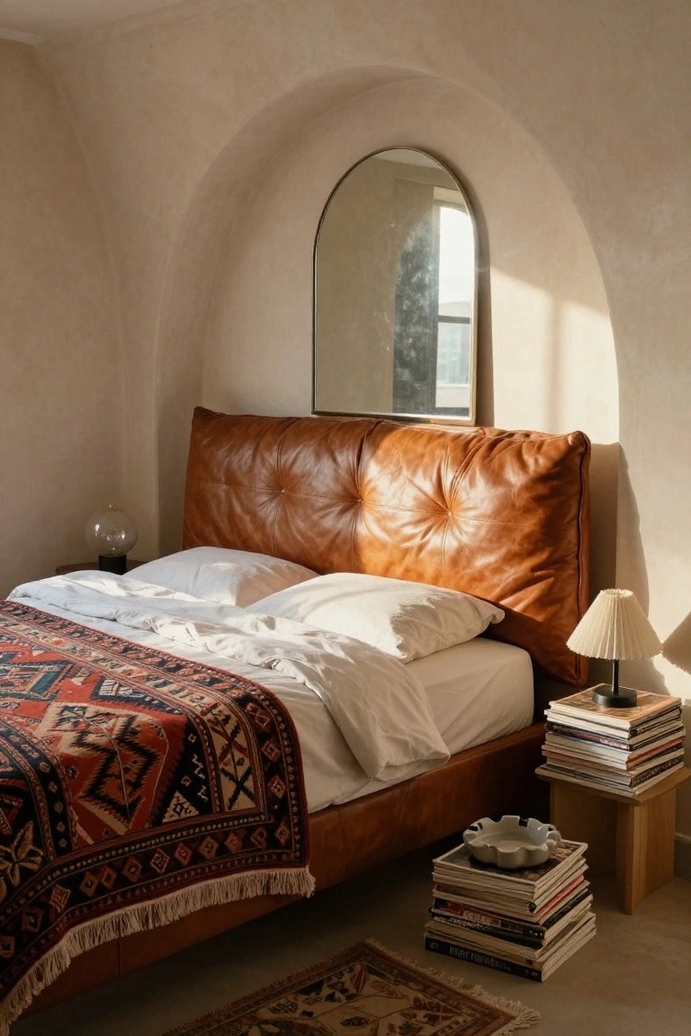 Bedroom interior with curved beige plaster walls, large arched mirror in wall niche, tufted cognac leather headboard on low bed with white sheets and red-black patterned rug, wooden side tables holding lamps, books, and ashtray.
