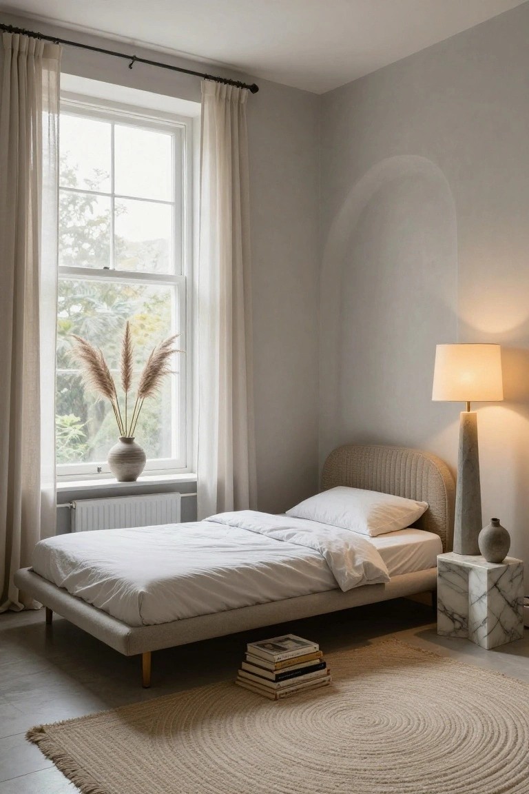 Minimalist bedroom corner with low gray platform bed, white bedding, curved upholstered headboard, tall pampas grass in vase by window with sheer curtains, concrete floor lamp, marble side table, stack of books on floor, and curved gray wall arch.
