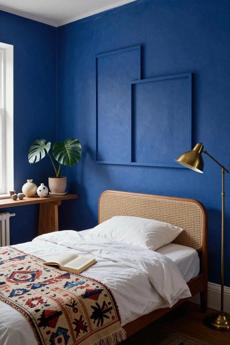 Bedroom interior featuring deep blue walls with two large rectangular blue panels, rattan headboard bed with white bedding and multicolored runner, wooden console table holding ceramics and monstera plant in pot, brass floor lamp, and window.