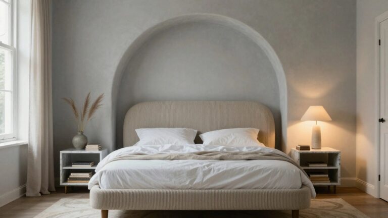 Minimalist bedroom corner with low gray platform bed, white bedding, curved upholstered headboard, tall pampas grass in vase by window with sheer curtains, concrete floor lamp, marble side table, stack of books on floor, and curved gray wall arch.