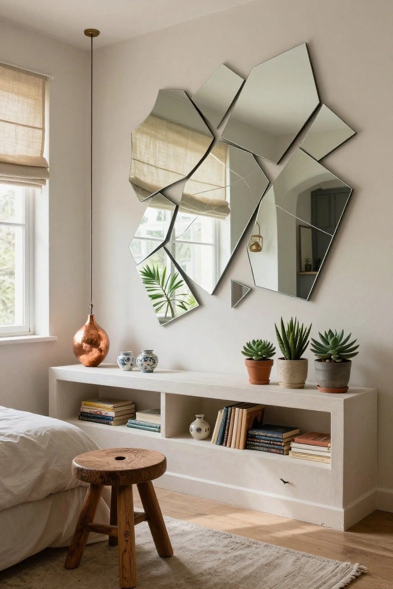 Bedroom corner with large asymmetrical mirror made of multiple angular reflective panels on a white wall above a low white bench holding books, blue and white vases, and potted succulents, wooden stool next to bed, window with plants and orange pendant light.