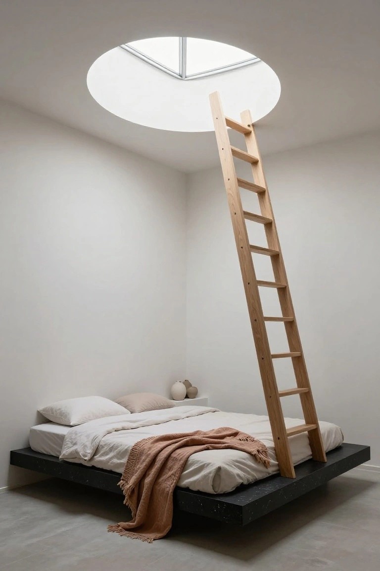 A minimalist bedroom featuring a tall wooden ladder leaning against a white wall to reach a circular skylight, with a floating black platform bed dressed in white linens and a terracotta throw, beige ceramics on a shelf, and polished concrete floor.