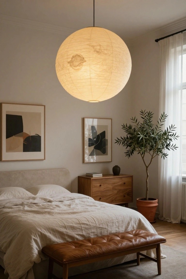 Bedroom with large hanging white paper globe lamp over white linen bed, abstract artworks on walls, wooden dresser, potted olive tree, and tan leather bench on wood floor.