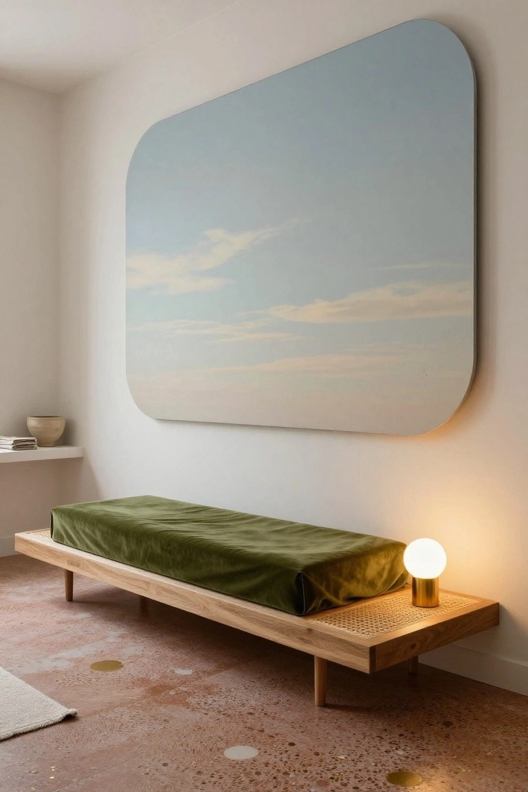 White-walled room corner with large oval blue sky and cloud artwork mounted high, low wooden bench upholstered in green velvet with cane shelf and brass globe lamp beside it, shelf holding books and ceramic pot, and textured pink terracotta floor with metallic flecks.