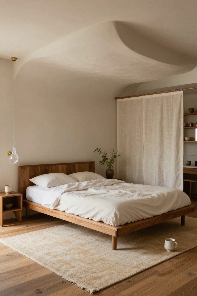 A minimalist bedroom with a low wooden platform bed draped in white linens, curved white plaster ceiling overhead, hanging clear glass pendant light, beige linen curtains on a wooden rod, wooden nightstand, beige rug on oak floors.
