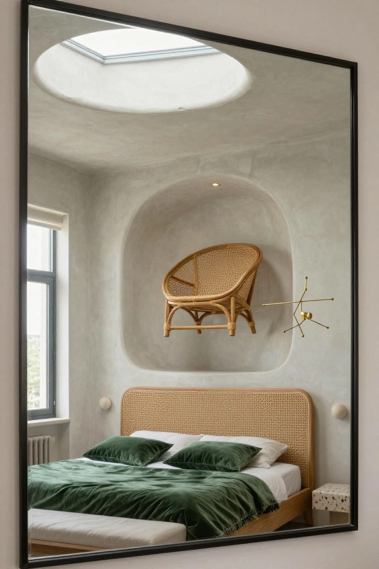 Large black-framed mirror reflecting a bedroom with curved beige plaster walls, a recessed niche holding a rattan chair and gold starburst light fixture, rattan headboard bed with green velvet duvet and pillows, skylight above, wall sconces, and window with roller shade.
