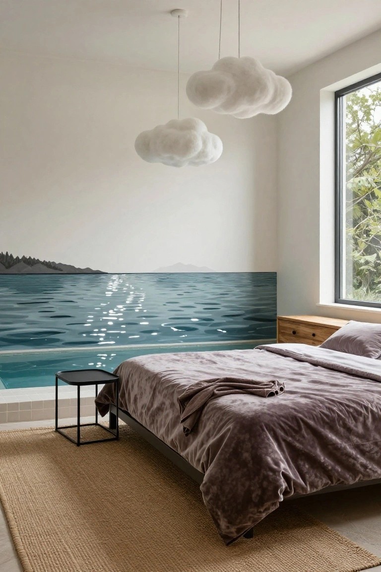 Modern bedroom featuring a large wall mural of a seascape with mountains, ocean waves, sunlight reflections, and infinity pool edge at bed level, plush purple bed with throw, black metal side table, beige rug, cloud-shaped white pendant lights, wooden dresser, and window with outdoor greenery.