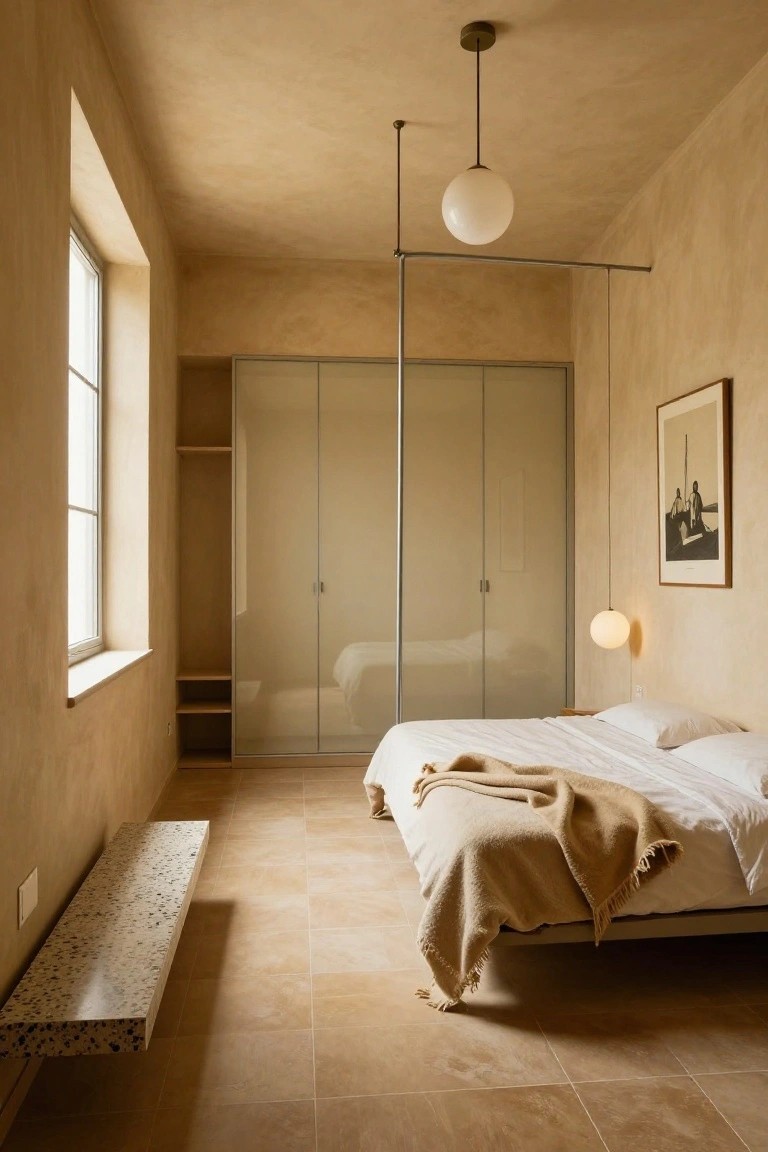A minimalist bedroom featuring beige textured plaster walls and ceiling, a low platform bed with white sheets and beige throw, frosted glass sliding wardrobe doors, a wall-mounted terrazzo bench, hanging globe pendant lights, and a framed artwork on the wall.