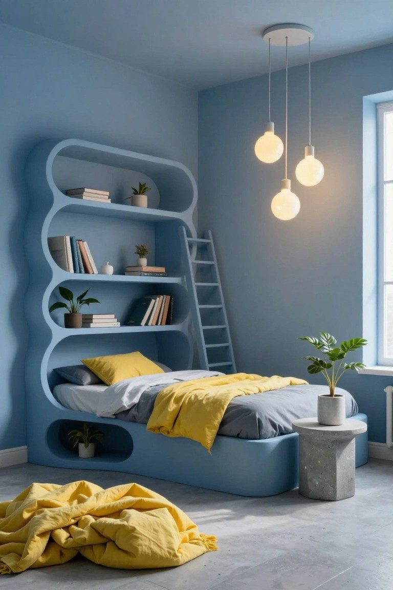 Blue wavy built-in shelving unit integrated with a bed platform in a bedroom, with books and potted plants on shelves, a ladder, yellow bedding on the floor, pendant lights overhead, and a concrete side table.