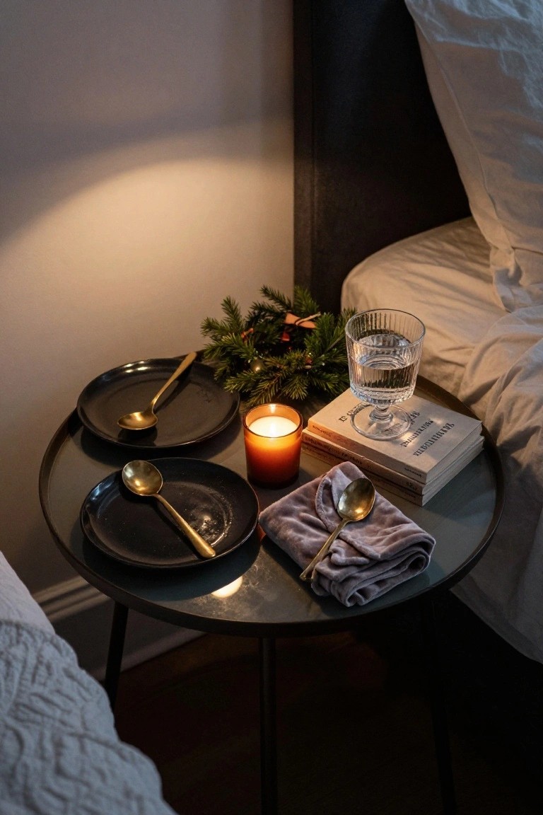 Glass bedside table next to a bed holding two black plates with gold spoons, fir branches with red bow, lit candle in glass holder, glass of water, stack of books, purple napkin with gold spoon.