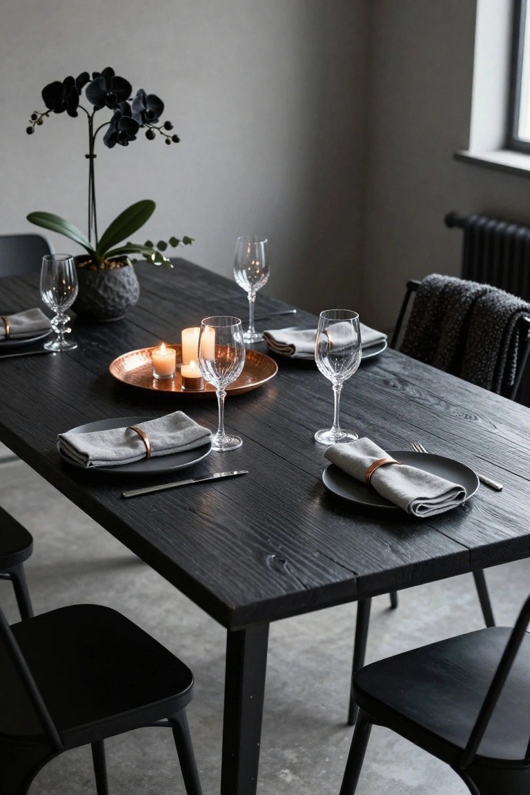 Dark wooden dining table set for a meal with two black plates, gray linen napkins banded in copper, wine glasses, a copper tray holding four tealight candles, and a potted black orchid plant nearby, black chairs around the table in a gray room.